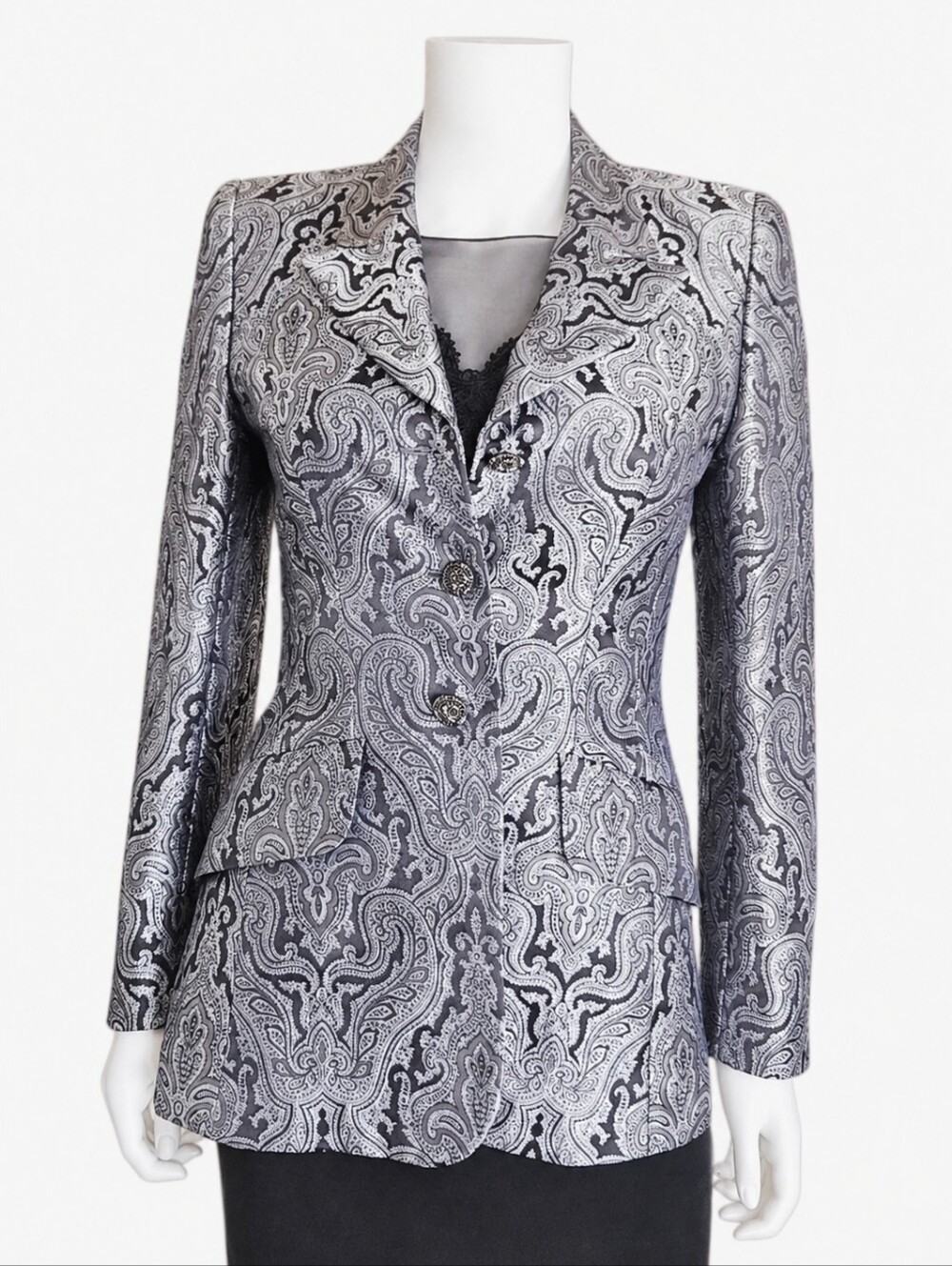 ESCADA | Margaretha Ley Vintage Black & Silver Paisley Blazer Size 34 US 2-4